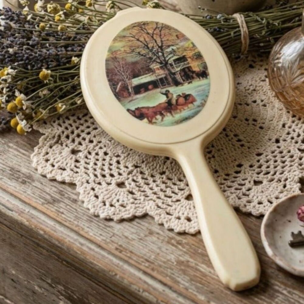 Hand Held Vanity Mirror Vintage Farmhouse Winter Dashing Snow Scene 11.5” Tall